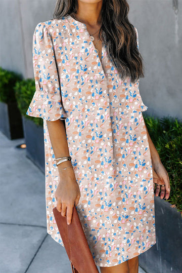 Pink Ruffled Sleeves Abstract Print Shift Dress