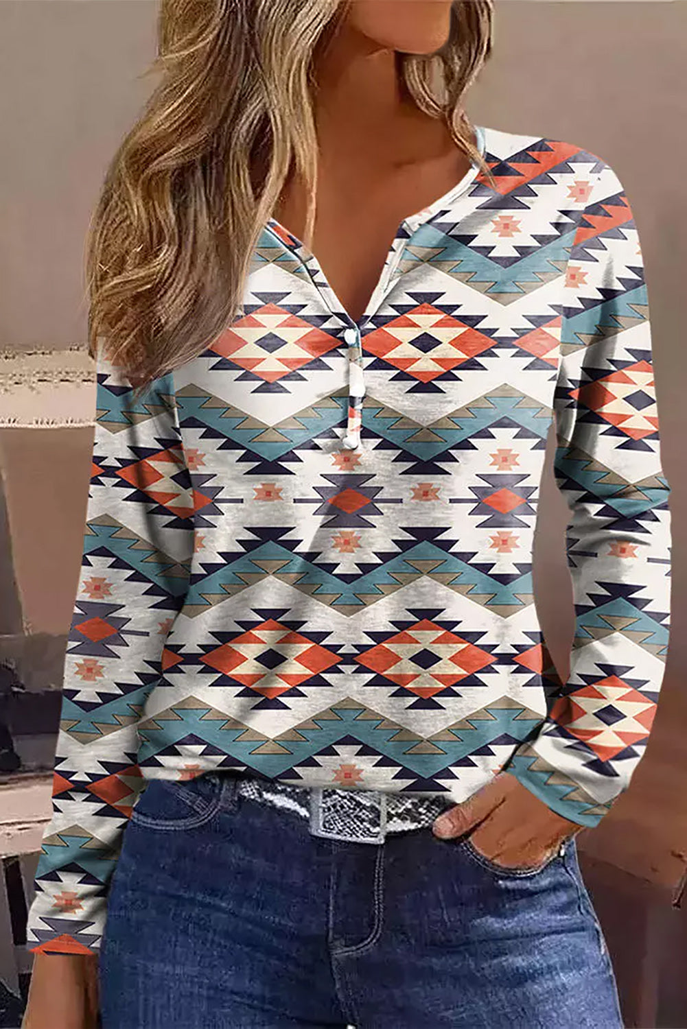 Aztec Geometric Print Long Sleeve Henley Top