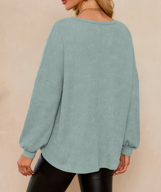 Waffle Knit V Neck Long Sleeve Loose Tunic Top