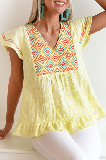 Geometric Embroidery Textured Top with Ruffles