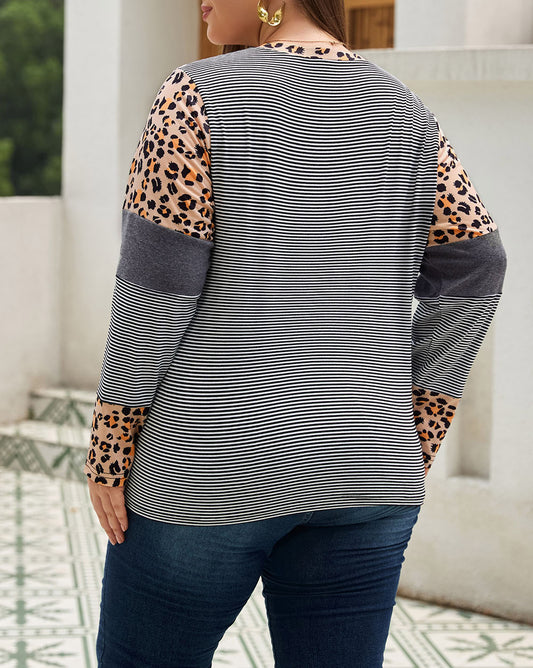 Plus Size Cow/Leopard Stripes Patchwork Long Sleeve Tee