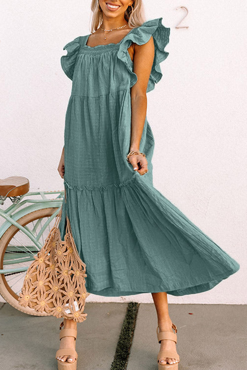 Green Smocked Neckline Flutter Sleeve Maxi Dress