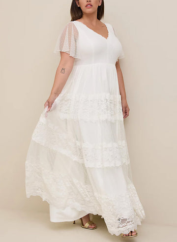 White Plus Size Lace A-line Boho Wedding Dress