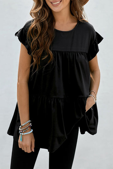 Black Short Sleeve Keyhole Ruffled Babydoll Top