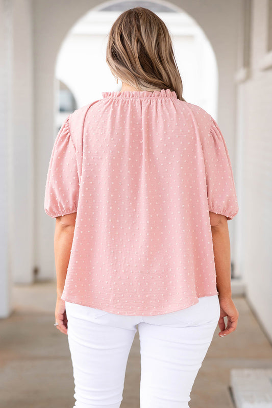 Pink Plus Size Swiss Dot Puff Sleeves Top