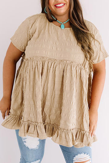 Khaki Plus Size Crinkle Textured Ruffle Trim Babydoll Top