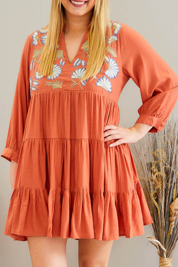 Orange Embroidered Tiered Ruffle Dress