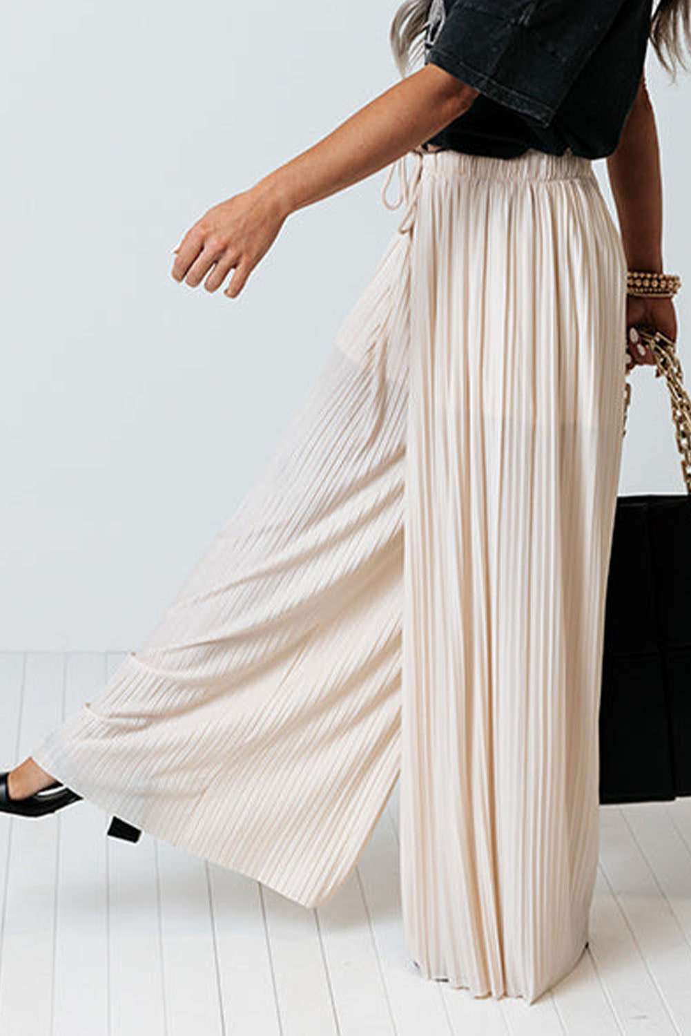 Apricot Drawstring Wide Leg Pleated Pants