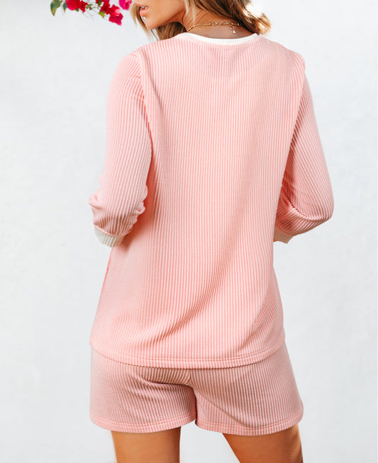 Pink Corded Colorblock Long Sleeve Top and Shorts Set