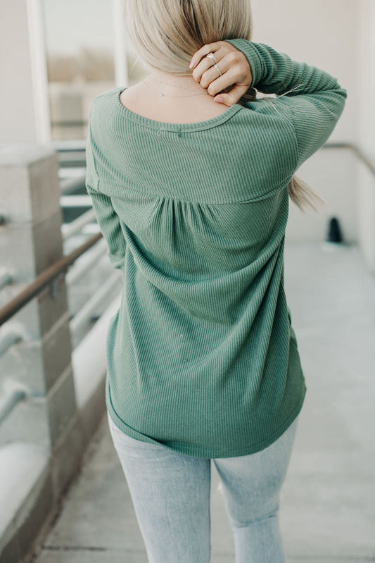 Green Ribbed V Neck Long Sleeve Top