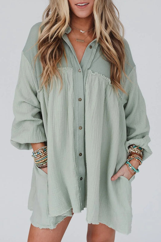 Patchwork Crinkle Puff Sleeve Shirt Dress