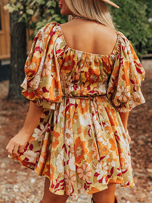 Ruffled Puff Short Sleeve Floral Dress