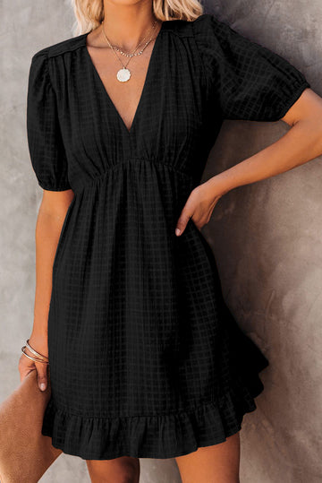 Checkered Pattern Puff Sleeve Babydoll Dress