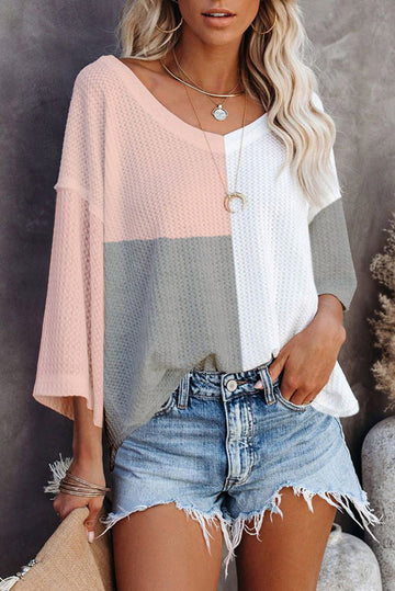 Waffle Colorblock Long Sleeve Oversized Top