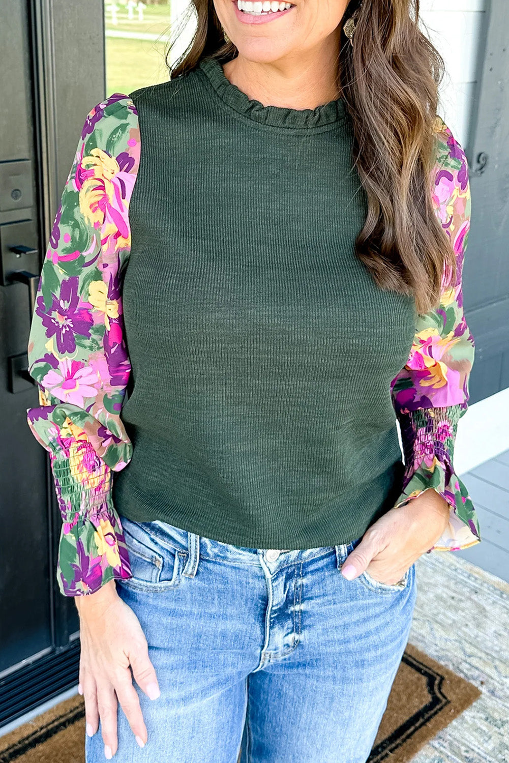 Ribbed Frill Neck Floral Print Long Sleeve Top