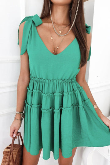 Green Tie Straps Frilled A-line Mini Dress