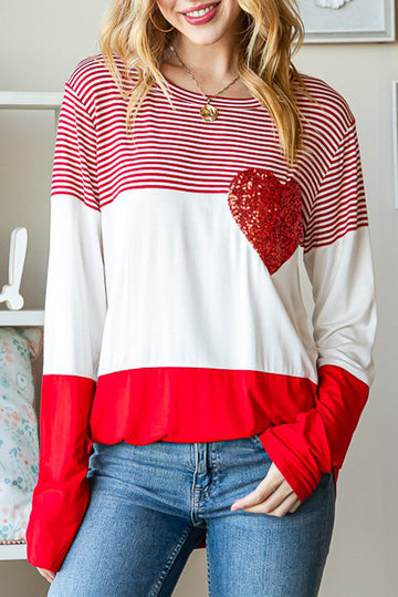 Valentine's Day Sequin Heart Striped Colorblock Top