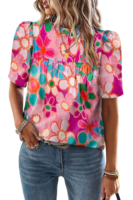 Boho Flower Print Puff Short Sleeve Top