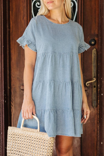 Sky Blue Ruffled Short Sleeves Tiered Denim Dress