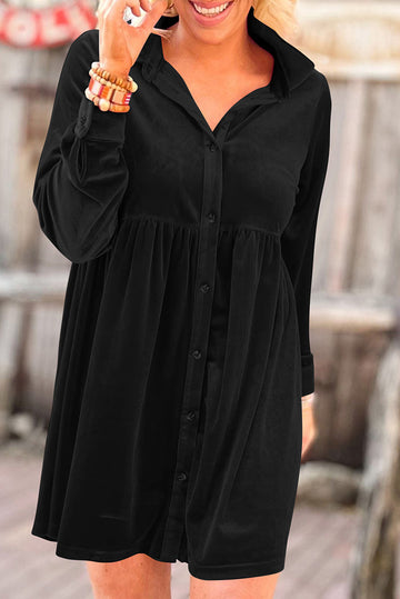 Long Sleeve Ruffle Velvet Button Up Dress