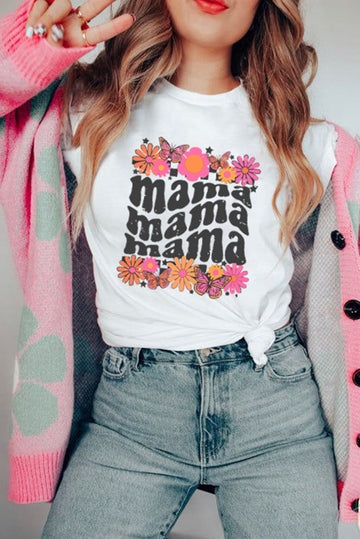 White mama Flower Graphic Print Short Sleeve T Shirt