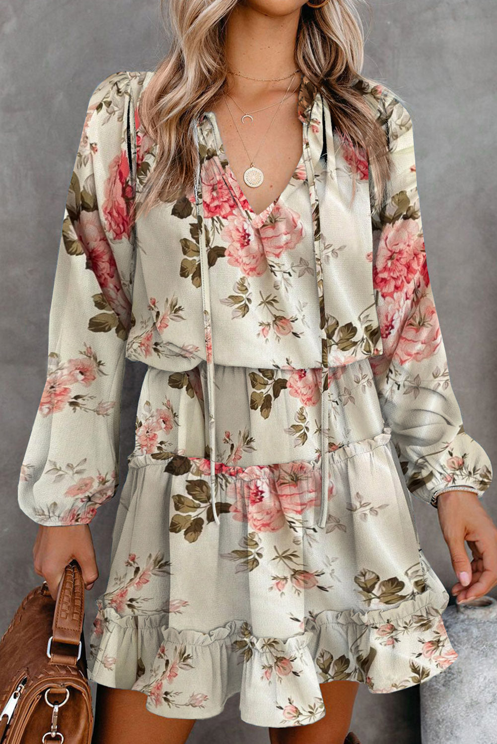 Floral Split Neck Cinched Waist Ruffle Mini Dress