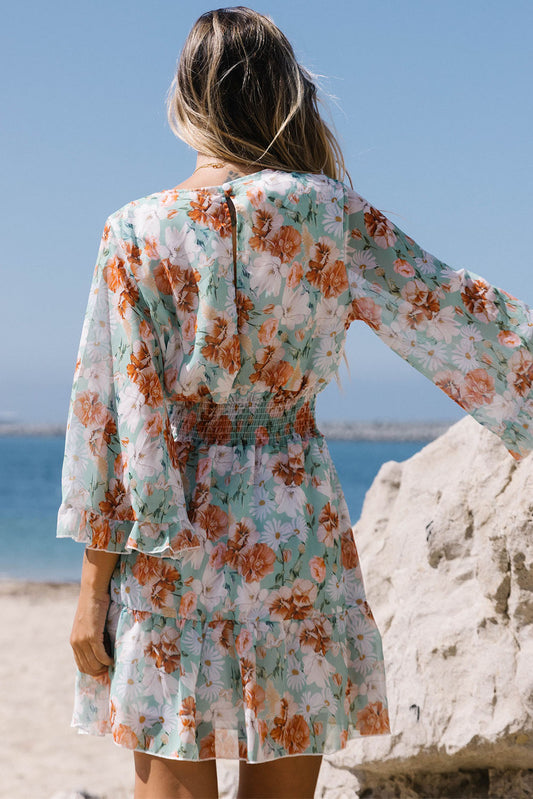 Green Floral Print V Neck Wrap Mini Dress