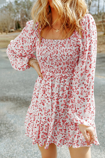 Boho Floral Smocked Puff Sleeve Mini Dress