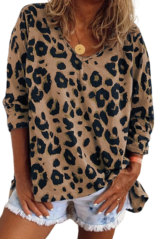 Leopard Split Joint V Neck Long Sleeve Tops