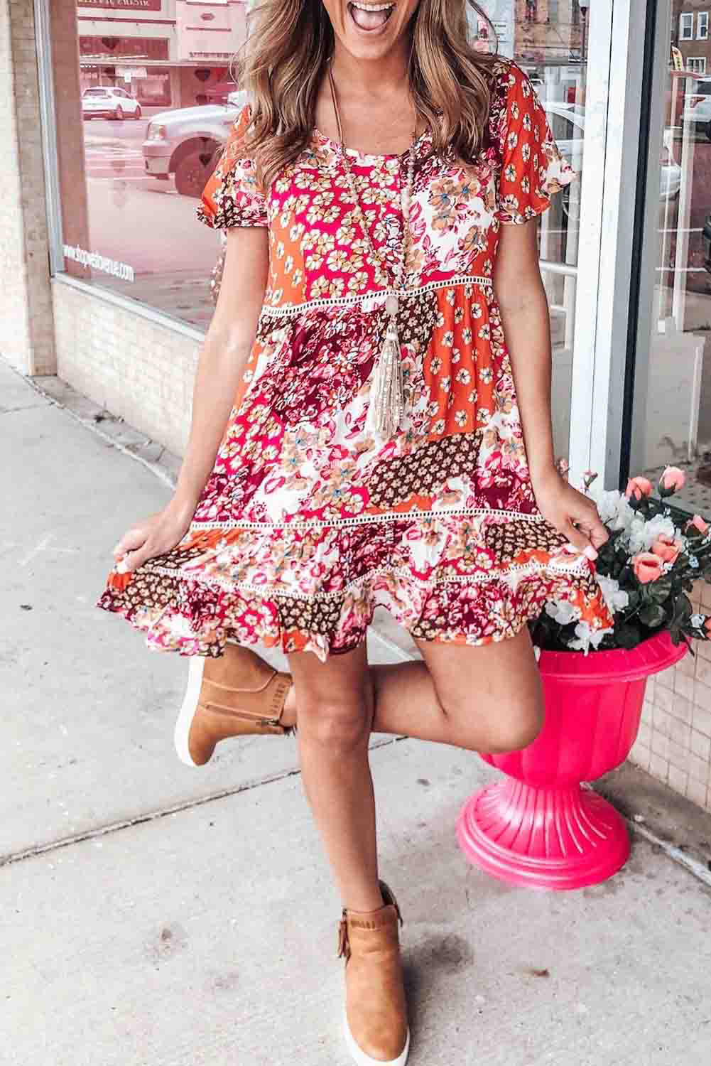 Vintage Boho Print Short Sleeve Shift Dress