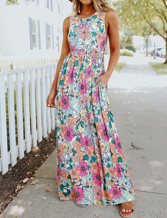 Floral Print High Waist Sleeveless Maxi Dress