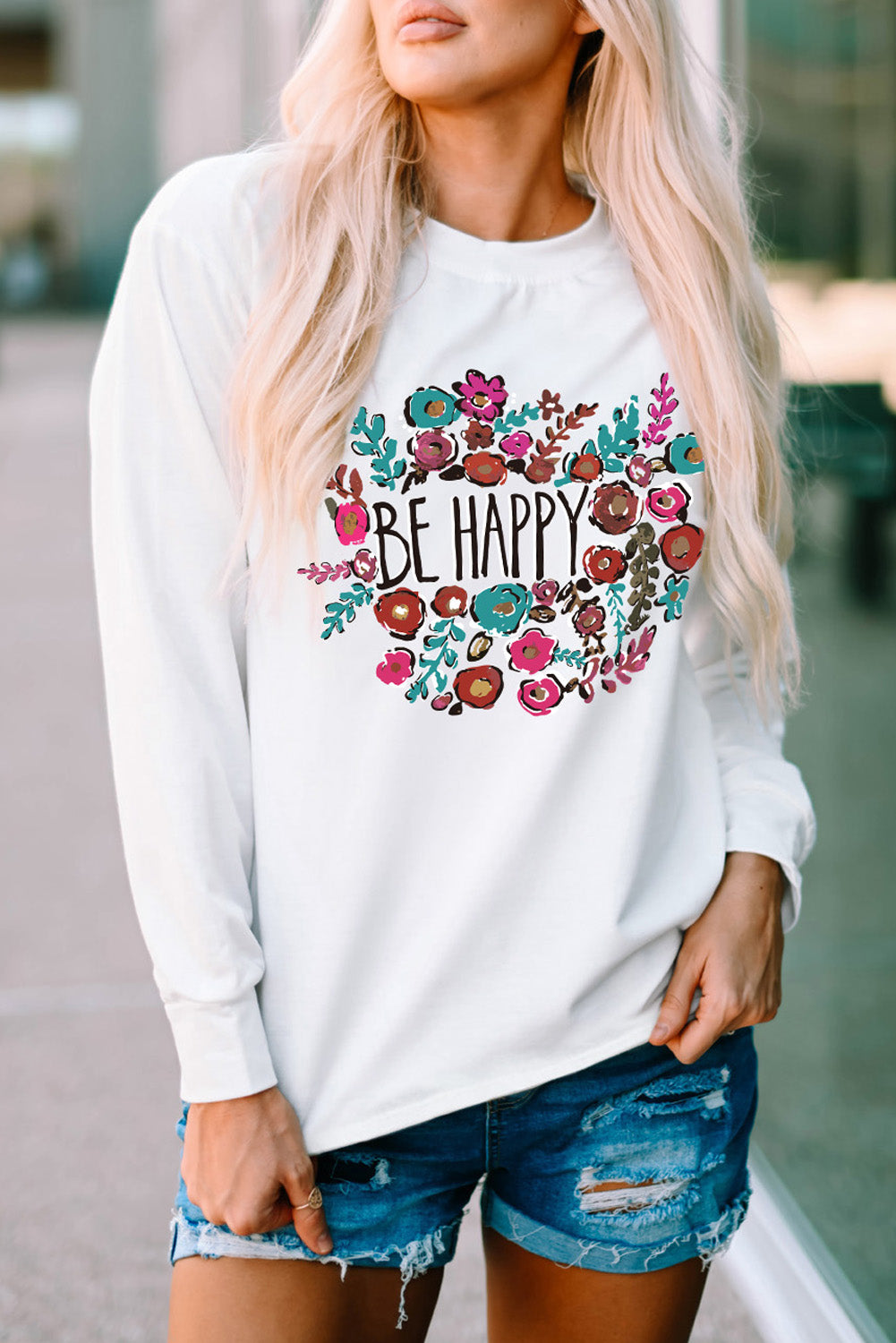 Be Happy Floral Print Crewneck Long Sleeve Top