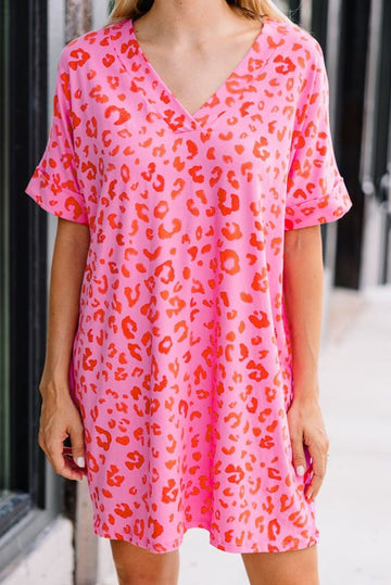 Leopard Print V Neck Shift T-shirt Dress