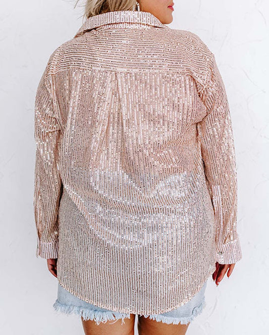 Sequin Long Sleeve Button-Up Plus Size Shirt