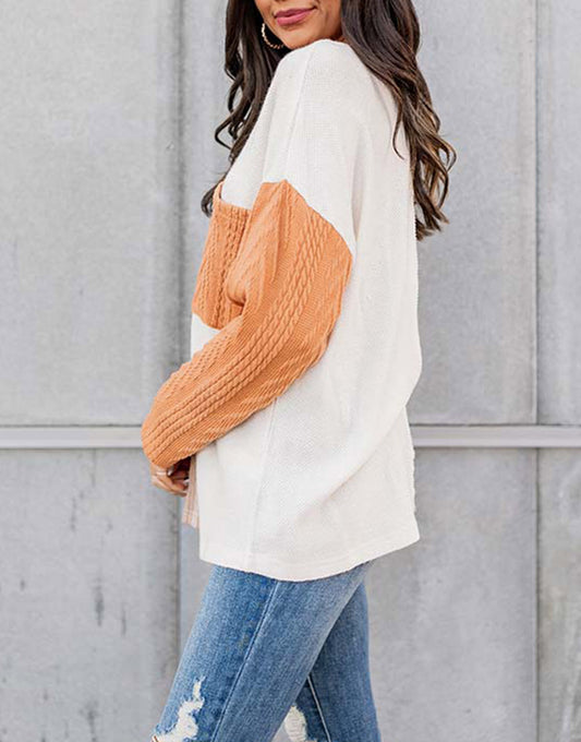 Long Sleeve Colorblock Chest Pocket Textured Knit Top