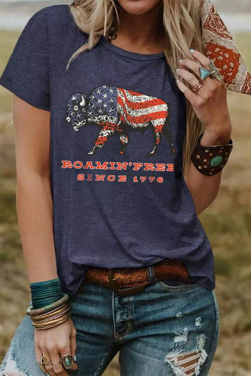 American Flag Ox Graphic Print Short Sleeve T Shirt