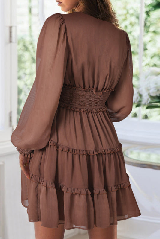 Frill Smocked Detail Sheer Long Sleeve Dress