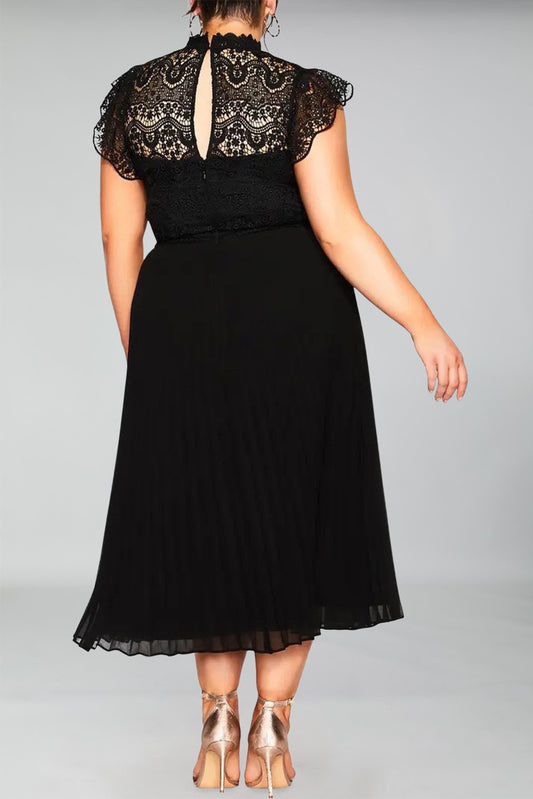 Plus Size Lace Bodice High Neck Flowy Pleated Dress