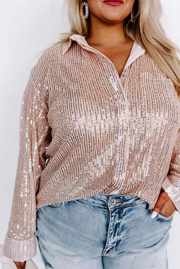 Sequin Long Sleeve Button-Up Plus Size Shirt