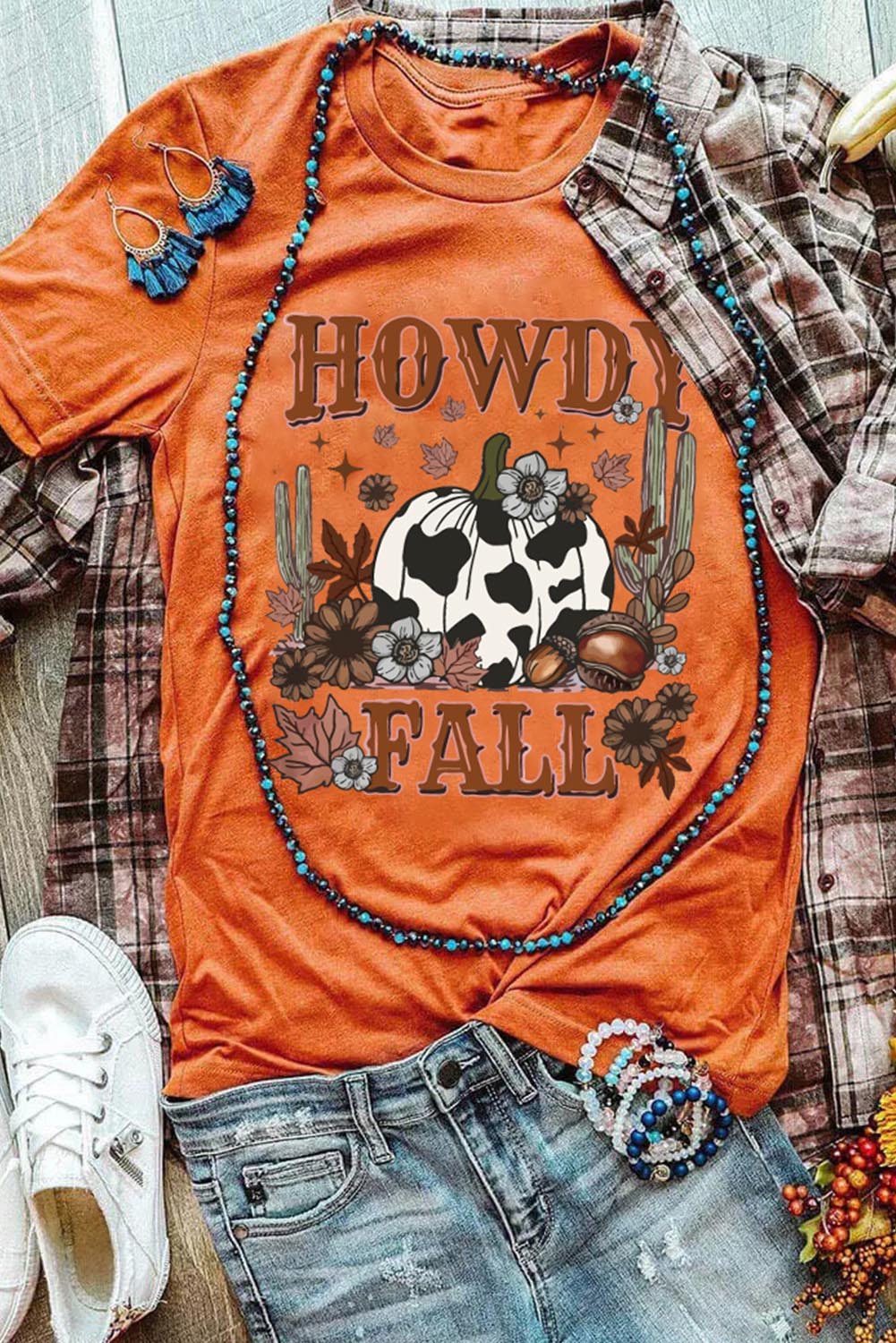 HOWDY FALL Pumpkin Graphic Print Crewneck T Shirt