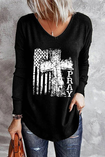 Black PRAY American Flag Cross Print V Neck Top