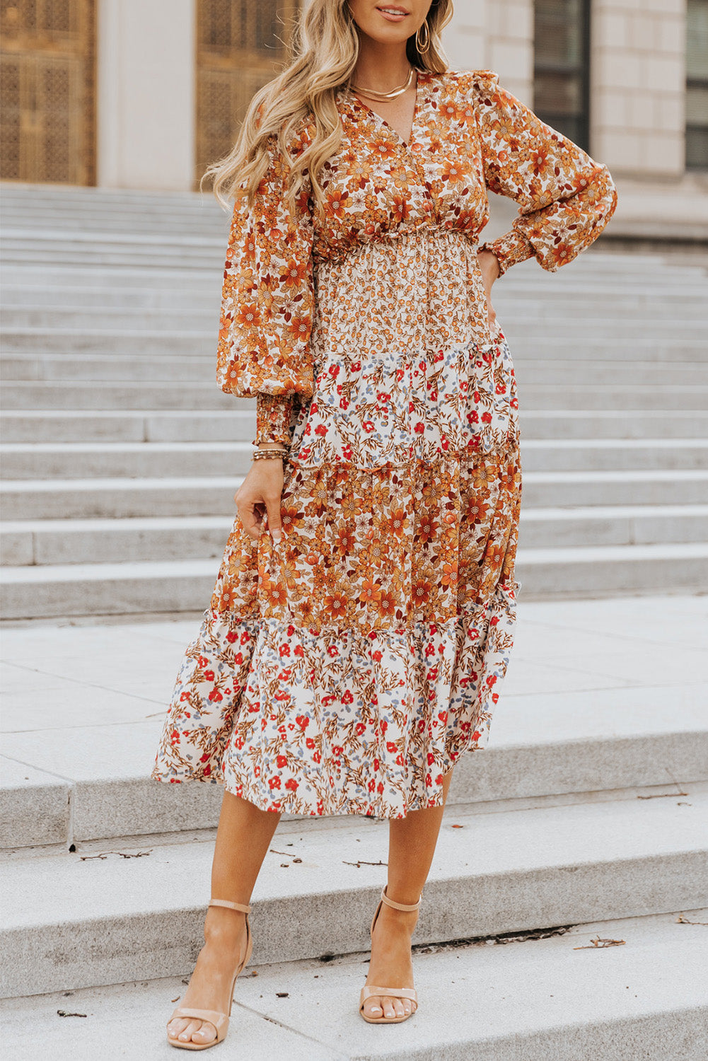 Orange Mix Floral Patchwork Frill Tiered Dress