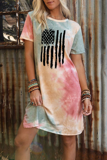 American Flag Tie Dye Short Sleeve T-shirt Dress