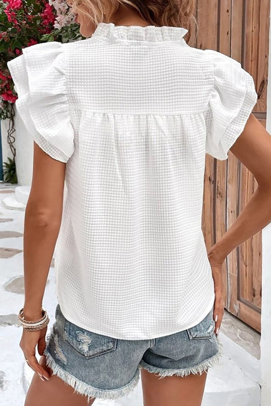 Ruffle Accent Flutter Sleeve Notch Neck Top