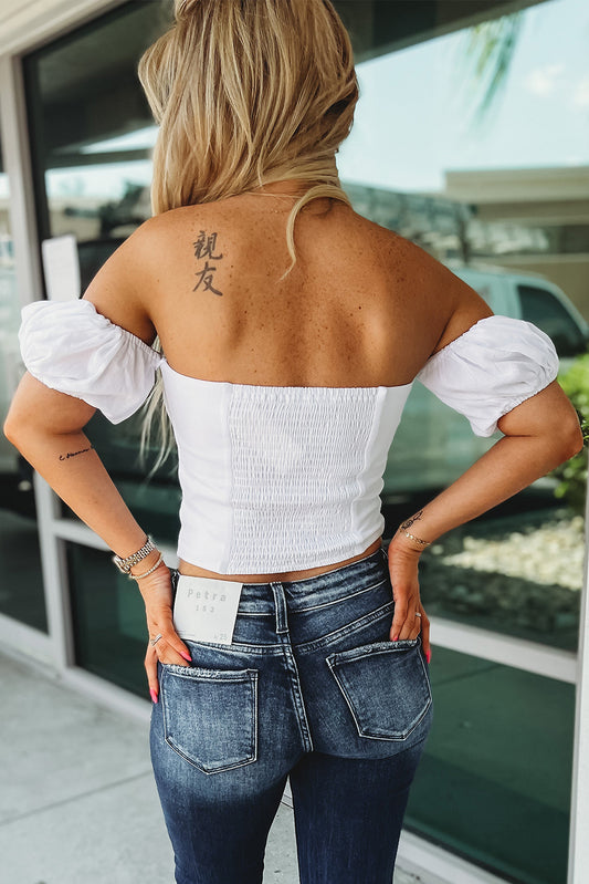 White Off-shoulder Puff Short Sleeve Crop Top