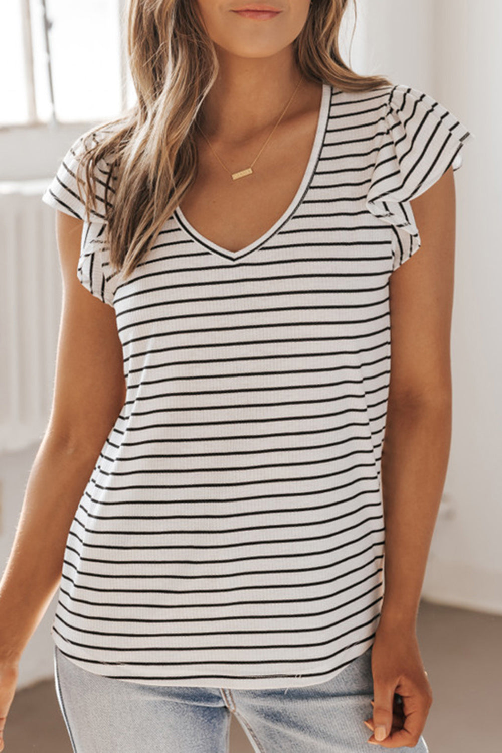 Stripe V Neck Flutter Sleeve Top