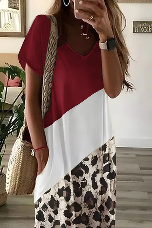 Red Leopard Color Block Side Slit T Shirt Maxi Dress