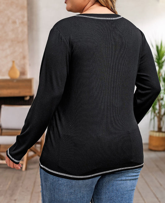 Plus Size Contrasting Topstitch Ribbed Henley Top