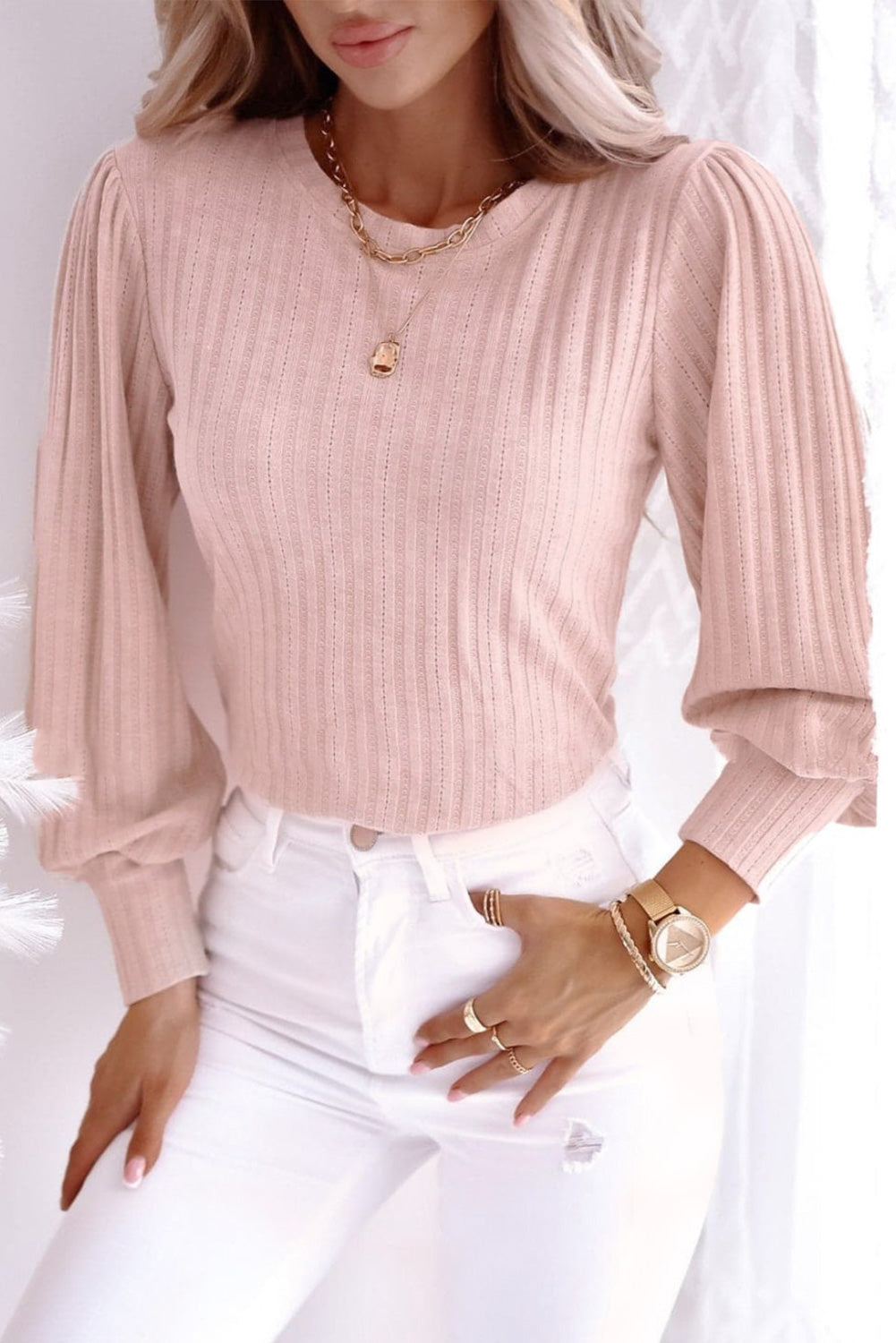 Striped Texture Knitted Bishop Sleeve Top