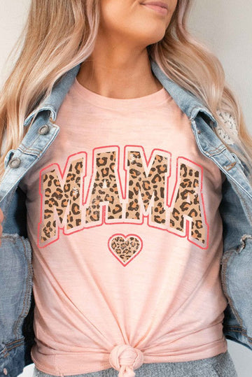 Pink MAMA Leopard Heart Graphic T Shirt